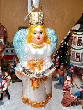 Glass Angel Christmas Ornament Blue Wings White Robe Gold Sash Glitter